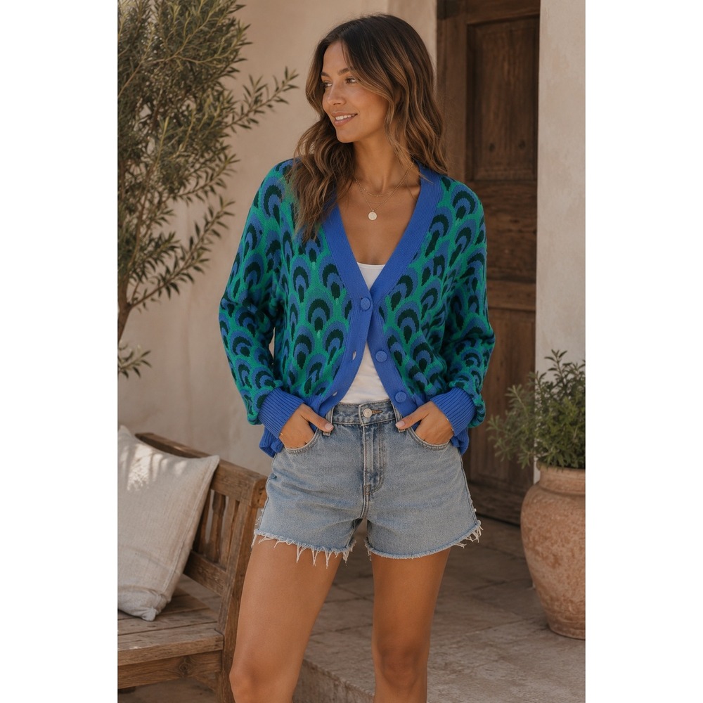 Zara Womens Blue Green Geometric Peacock Knit Button Front Cropped Cardigan S